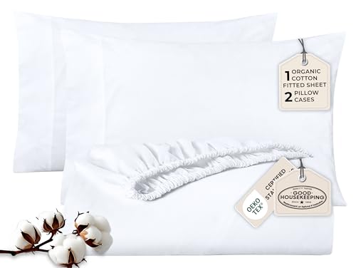 ROYALE LINENS 300 Thread Count 100% Long Staple Combed Cotton 3 Piece King 1 Fitted Sheet, 2 Pillow Cases - Breathable, Cool & Crisp Percale Sheet Set (King, White)