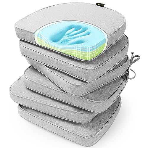 "SUNROX Gel Memory Foam Chair Cushions, FadeShield Water-, Stain-Resistant Durable Reversible Seat Cushion Pads with Ties for Indoor/Outdoor Kitchen Dining Office, 17""x16"", Set of 6, Heather Grey"