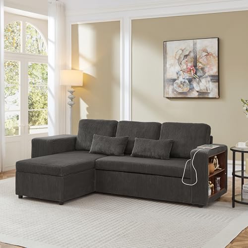 Ball & Cast Corner Sofa Bed, L-Shaped Sleeper Sectional Couch Bed, 3-in-1 Corduroy Convertible Pull Out Sofa Bed with Adjustable Backrest, Storage, USB and Cup Holder for Living Room, Grey