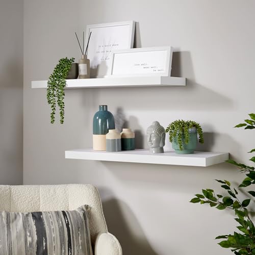 Home Source Pair of 2 Floating Wall Mounted Storage Shelf Wooden DVD Book Shelves, Matt White, 80 cm