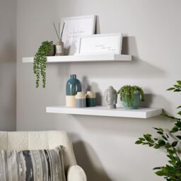 Home Source Pair of 2 Floating Wall Mounted Storage Shelf Wooden DVD Book Shelves, Matt White, 80 cm