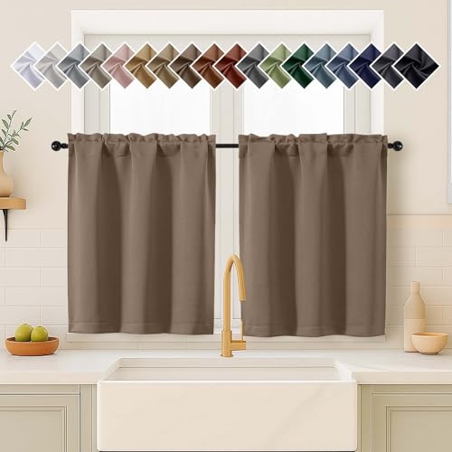 OVZME Brown Blackout Curtains for Small Window Treatment, Light Blocking Short Kitchen Window Curtains Over Sink, Dual Rod Pocket Half Window Tiers for Bathroom Basement, 2x40Wx36L Inches