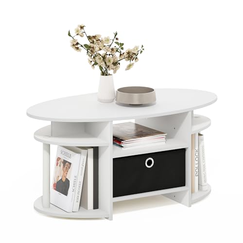 Furinno JAYA Oval Side Table with Storage Bin, White