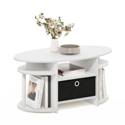 Furinno JAYA Oval Side Table with Storage Bin, White