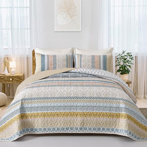 "WONGS BEDDING Boho Quilt Set King Size, Yellow Bohemian 3 Pieces Fall Quilt Sets, Lightweight Bedspread Coverlet Bedding Set for All Season (104""x90"")"