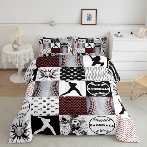 Feelyou Mixed Ball Comforter Set Twin Size Football Comforter for Boys Girls Teens Baseball Bedding Set Basketball Duvet Set Room Decor Balck Grey White Quilt Set