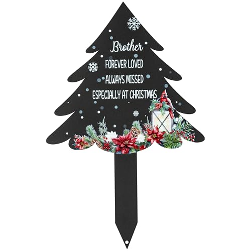 BUoonyer Christmas Stake Graves Cemetery Decorations - Brother Metal Memorial Grave Markers, Boy Graveyard Sympathy Plaque, Xmas Tree Cardinals Remembrance Graveside Burial Decor Sign for Outdoor Yard