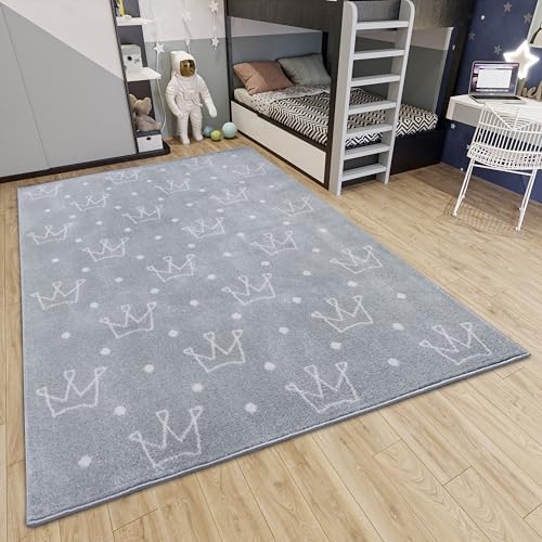 Hanse Home Adventures Children's Rug - Modern Crown Pattern Rug Boys Girls for Children's Room, Playroom, Teenager's Room, Living Room - Crowns Grey, 120 x 170 cm
