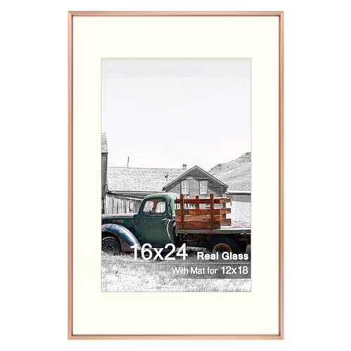 Golden State Art, 16x24 Rose Gold Picture Frame Displays Photo 12x18 with Mat or 16 x 24 Without Mat for Wall Mounting, Classic Satin Aluminum Frames with Real Glass (Pack of 1)