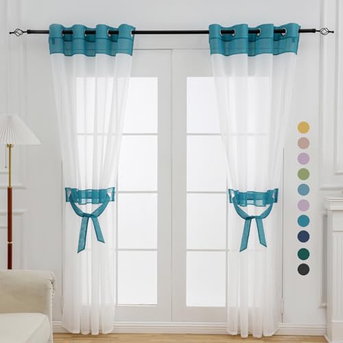 "L.Z.E Teal Sheer Curtains 108 Inches Long 2 Panels Set for Living Room, White and Teal Sheer Curtains for Bedroom Dining Room, Extra Long Grommet See-Through Window Sheers (56"" W x 108"" L)"