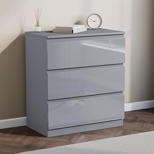 Vida Designs Glinton 3 Drawer Chest of Drawers - Grey - 77H x 70W x 40D cm - Stylish High-Gloss - Compact Space-Saving Nightstand - Smooth Glide Drawer - Ideal Furniture for Bedroom, Guest Room