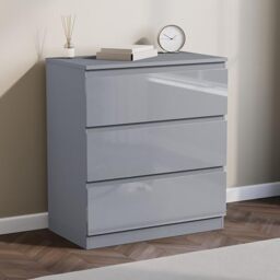 Vida Designs Glinton 3 Drawer Chest of Drawers - Grey - 73.5H x 65W x 35D cm - Stylish High-Gloss - Compact Space-Saving Nightstand - Smooth Glide Drawer - Ideal Furniture for Bedroom, Guest Room
