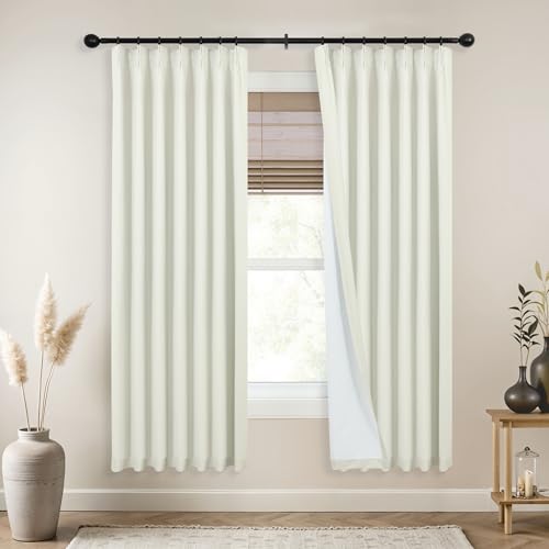 Mrs.Naturall 42x63 Inches Long 2 Panel Set Room Darkening Light Beige Pinch Pleated Linen Curtains