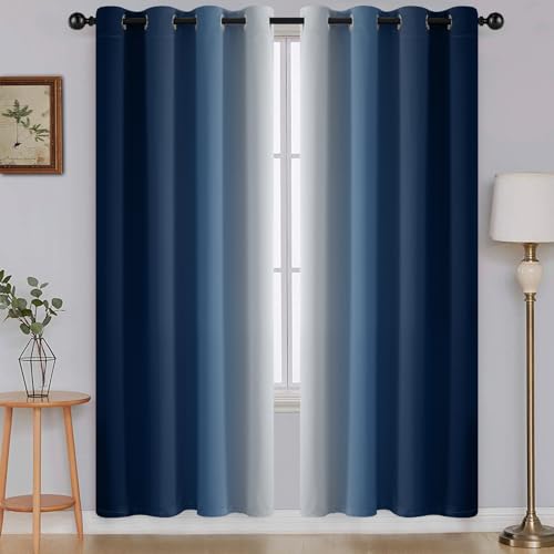 SimpleHome Ombre Room Darkening Curtains for Living Room Light Blocking Gradient Blue to Grey White Thermal Insulated Grommet Window Curtains Bedroom 2 Panels 52 x 72 Inch Length