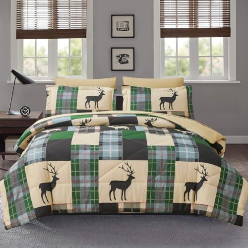 Comforter Set Queen Size Plaid Patchwork Comforter Bedding-7 Piece Bed in a Bag,Rustic Soft Reversible Microfiber Bedding Set(1 Comforter,1 Flat Sheet,1 Fitted Sheet,2 Pillowcases,2 Pillow Shams)Green