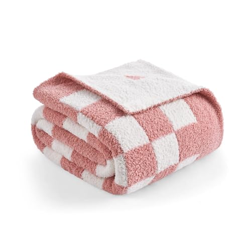 Snuggle Sac Checkered Bedding Blanket Twin Size 60x80, Super Soft, Cozy Warm Knit Blankets, Reversible Breathable Lightweight Fluffy Throws for Sofa, Bed, Checkered Pink, 60x80 Inches