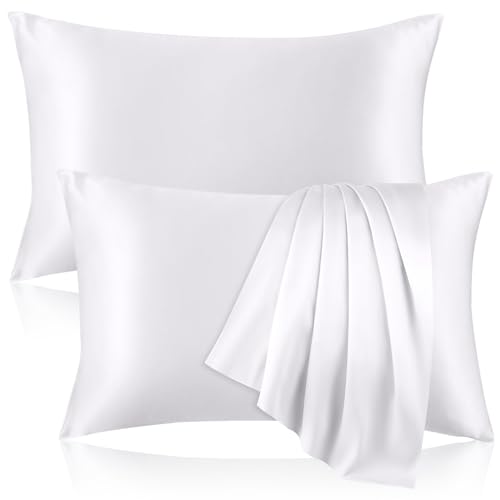 2 Pack 100% Pure Silk Pillowcase for Hair and Skin, Both Sides Mulberry Silk Pillowcases with Hidden Zipper, Cooling Pillowcase 19 Momme, 600 Thread Silk Pillow Cases King Size, White