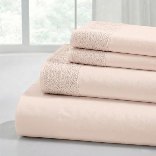 Modern Threads Pacific Coast Textiles 4 PIECE CROCHET LACE MICROFIBER SHEET SET BLUSH QUEEN, Microfibre