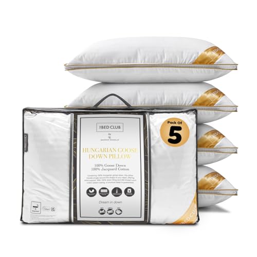 GC GAVENO CAVAILIA Hungarian Goose Down Pillow - Hypoallergenic Medium Neck Support Firm Pillow for Front & Back Side Sleeping With 100% Cotton Cover Bed - Pack of 5, 48x74 Cm