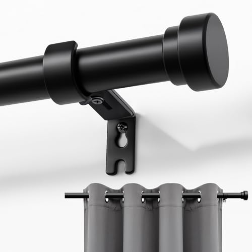 Joydeco Curtain Rod, Metal, Matte Black, 1in Diameter, 120in Length, Adjustable, Window Treatment Single Rod with Aluminium Finials, 32-120in, 1PCS