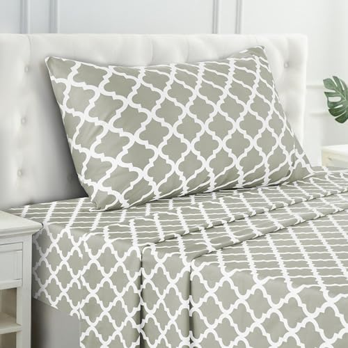 LUX D??cor Quatrefoil Twin XL Sheet Set - 3 Piece Ultra-Soft Microfiber Bed Sheets with Flat Sheet, 16 Inches Deep Pocket Fitted Sheet & Pillowcases, Breathable, Bedroom Decor, Oeko-TEX - Taupe