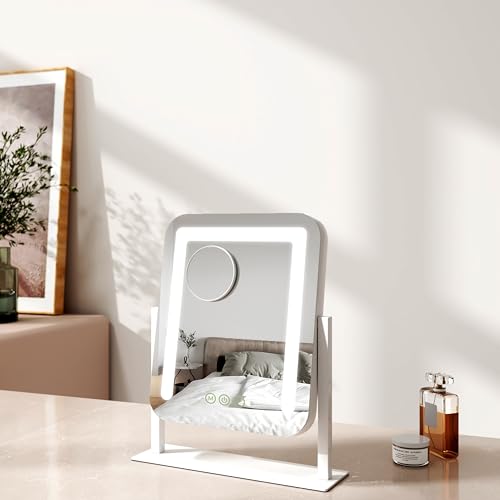 EMKE Hollywood Makeup Mirror with Lights, 30 x 36 cm Small Lighted Vanity Mirror with 360°Rotation 3 Color Lighting Modes, 7X Magnifying Hollywood Mirror with Dimmable Strip Light, White