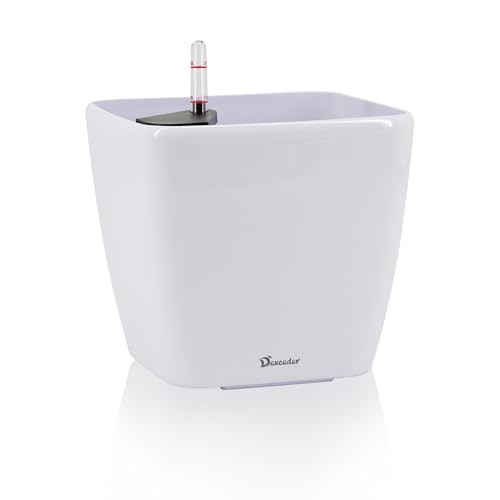 Dexceder 11x10 Self Watering Planter (White High Gloss) - Inner Mat Design, Thickened Table Flower Plant Pot with Water Level Indicator Indoor Outdoor