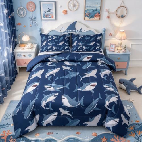 Boys Shark Bedding Set Ocean Sealife Comforter Set for Kids Youth Teens,Under Sea Marine Life Duvet Insert,Underwater World Creature Bed Quilt,Nautical Sea Animal Bedroom Decor King Size Navy Blue