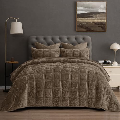 "PHF Ultra Soft Velvet Quilt Set Queen Size ??? 3PCS Luxurious Cozy Quilted Comforter Alternative with Diamond Pattern, Warm Quilted Bedspread Coverlet, 90"" x 92"", Cub"