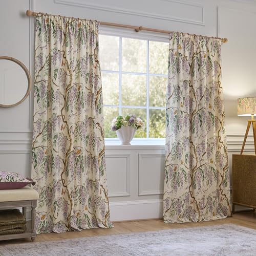 Voyage Maison Mariposa Pencil Pleat Curtain Pair – 100% Cotton Nature Inspired Butterfly Wisteria Floral Design (Purple - 168x229cm)