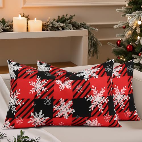 decorUhome Fall Plaid Linen Throw Pillow Covers 12x20 Set of 2 Black Red - Buffalo Check Cozy Decorative Farmhouse Gingham Pillow Cases with Stitched Edge for Bed Couch Sofa Classic Modern Accent