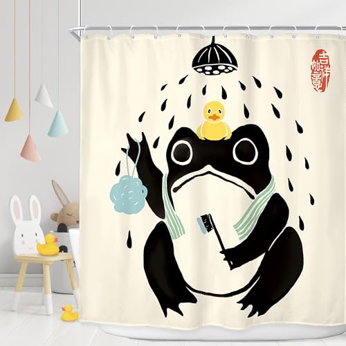 LGhtyro Funny Frog Shower Curtain Bathroom Set 71Wx71H Inches Asian Traditional Japanese Art Cute Animal Bath Style Rubber Duck Bath Accessories Retro Black Beige Art Home Decor Fabric 12 Pack Hooks