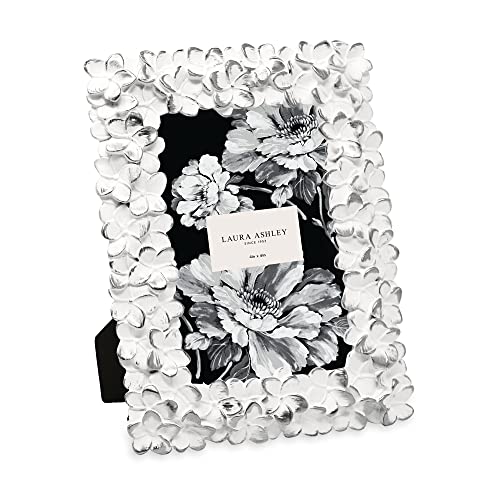 Laura Ashley 4x6 White & Silver Flower Textured Hand-Crafted Resin Picture Frame w/Easel & Hook for Tabletop & Wall Display, Decorative Floral Design Home D??cor, Photo Gallery, Art (4x6, White/Silver)