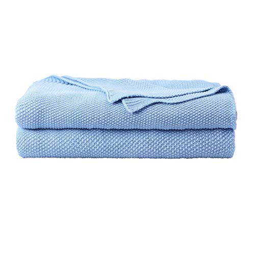 "PiccoCasa 100% Cotton Knit Throw Blanket,Solid Lightweight Decorative Throws and Blankets,Soft Knitted Throw Blanket for Sofa Couch, Pale Blue 50"" x 60"""