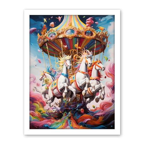Artery8 Magical Carousel in Rainbow Clouds Bright Bold Vibrant Fantasy Kids Bedroom Baby Nursery Artwork Framed Wall Art Print 18X24 Inch