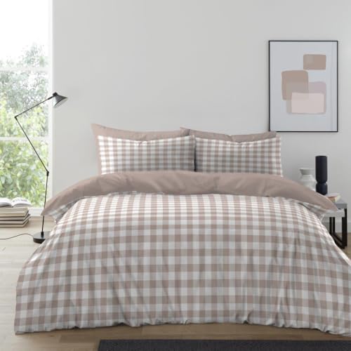 GC GAVENO CAVAILIA Gingham Check Double Duvet Set - Microfiber Tartan Check Bedding Double Bed Set With Pillow Cases - Hypoallergenic & Machine Washable Reversible Quilt Covers Bed Set, Natural