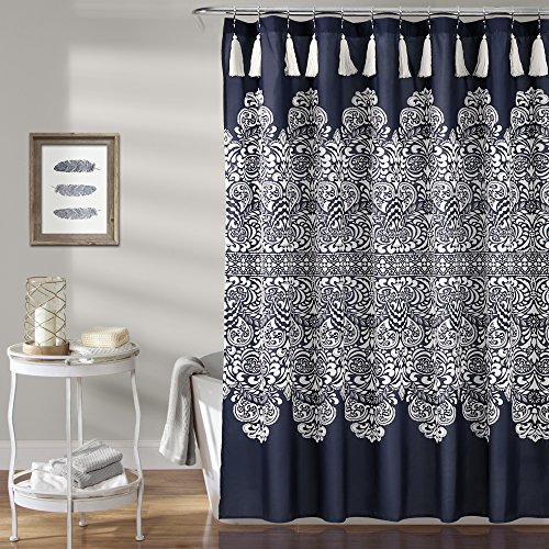 "Lush Decor, 72"" x 72"", Navy Boho Medallion Shower Curtain-Fabric Bohemian Damask Print Design with Tassels"