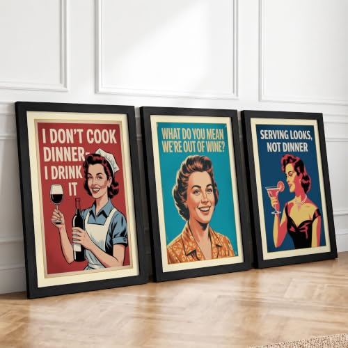 Cocktails Over Cooking Retro Set of 3 Framed Wall Art Prints A4