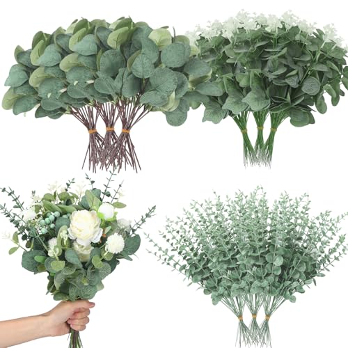 Giegxin 1000 Pcs 3 Variety Mixed Elegant Silver Dollar Eucalyptus Leaves Stems Bulk Artificial Green Eucalyptus Leaves Picks for Wedding Vase Bouquet Floral Arrangement