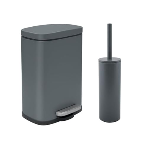 Spirella - Akira Steel Pedal Bin + Toilet Brush Set - Soft Easy-Close Closure, Anti-Fingerprint - 21.3 x 17.5 x 30 cm - 5L - Dark Grey