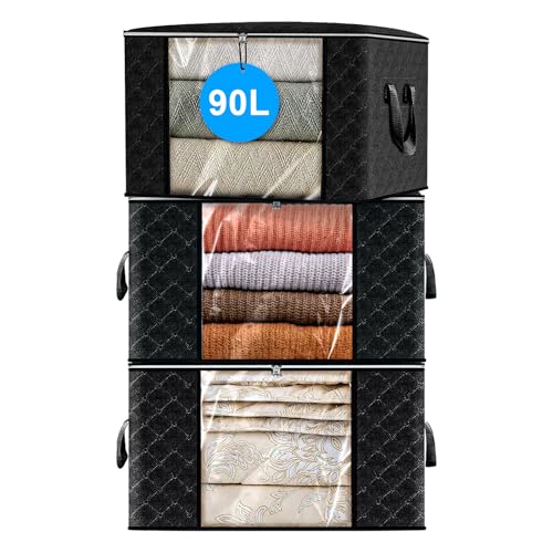 ASelected 3Pack Clothes Storage Bags, 60x40x35CM 90L Large Clothes Storage Bag with Zips, Clear Window for Clothing Bedding Sweaters T-Shirts Blankets - Black