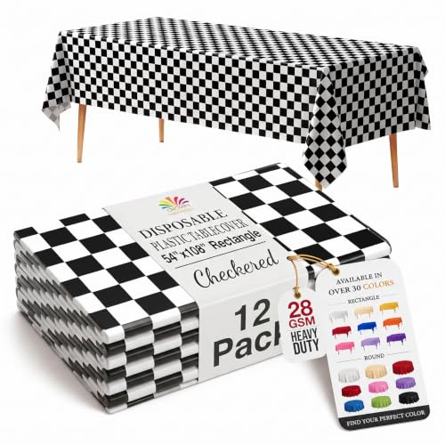 12-Pack - Premium Plastic Tablecloth 54in. x 108in. Rectangle Table Cover - Checkered
