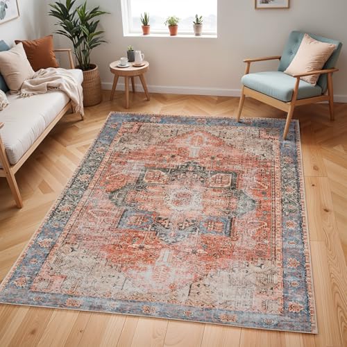 Livabliss Rodas Machine Washable Rug - Vintage Area Rugs Living Room, Large Rug 240x310 cm - Traditional Boho Style, Dining Room, Kitchen, Outdoor, Hallway - Burnt Orange, Brown, Dark Blue