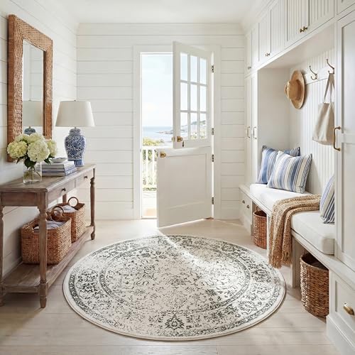 Safavieh Distressed Rug for Living Room, Dining Room, Bedroom - Adirondack Collection, Short Pile, in Ivory and Green, 183 X 183 cm