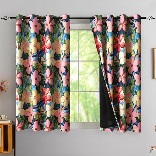 Tropical Floral Blackout Curtains Privacy 54 Inches Long Heat Blocking, Bright Colorful Pastel Pink Flower Curtains with Tiebacks, Bright Hibiscus Windows Drapes for Girls Grommet, 52Wx54L, 2 Panels