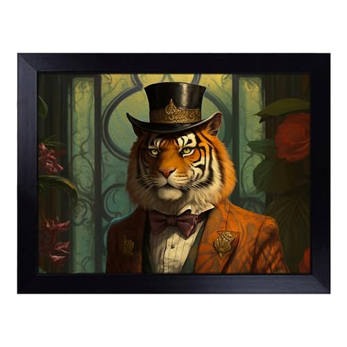 Lap Tray with Bean Bag Cushion, Tiger Victorian Art - Handmade in the UK, Raised Wooden Edge, Padded Cushion, Heat-Resistant Wipe-Clean Surface, for Meals, Laptops and Crafts