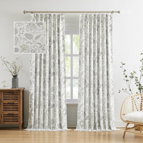 Kayne Studio Linen Textured Botanical Blackout Curtains Linen Grey Floral Farmhouse Drapes for Living Room Bedroom Thermal Room Darkening Jacobean Window Panels, Pinch Pleated Back Tab,40x90,2 Panels