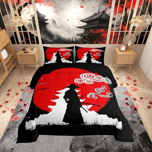 Erosebridal Samurai Comforter Set Full Size, Sunset Print Down Comforter, Japan Quilted Duvet, Building Silhouette Breathable Quilt Set, Japanese Ukiyoe Bedding Set, Ultra Lightweight