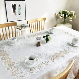 BrekSdat Lace Tablecloth Fabric Washable Off White 60x84inch - Elegant Decor Table Cover Dining Home Holiday Party Kitchen Easter Christmas Wedding Farmhouse Outdoor and Indoor Home D??cor