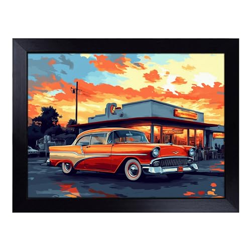 Lap Tray with Bean Bag Cushion, Retro Classic Car - Handmade in the UK, Raised Wooden Edge, Padded Cushion, Heat-Resistant Wipe-Clean Surface, for Meals, Laptops and Crafts